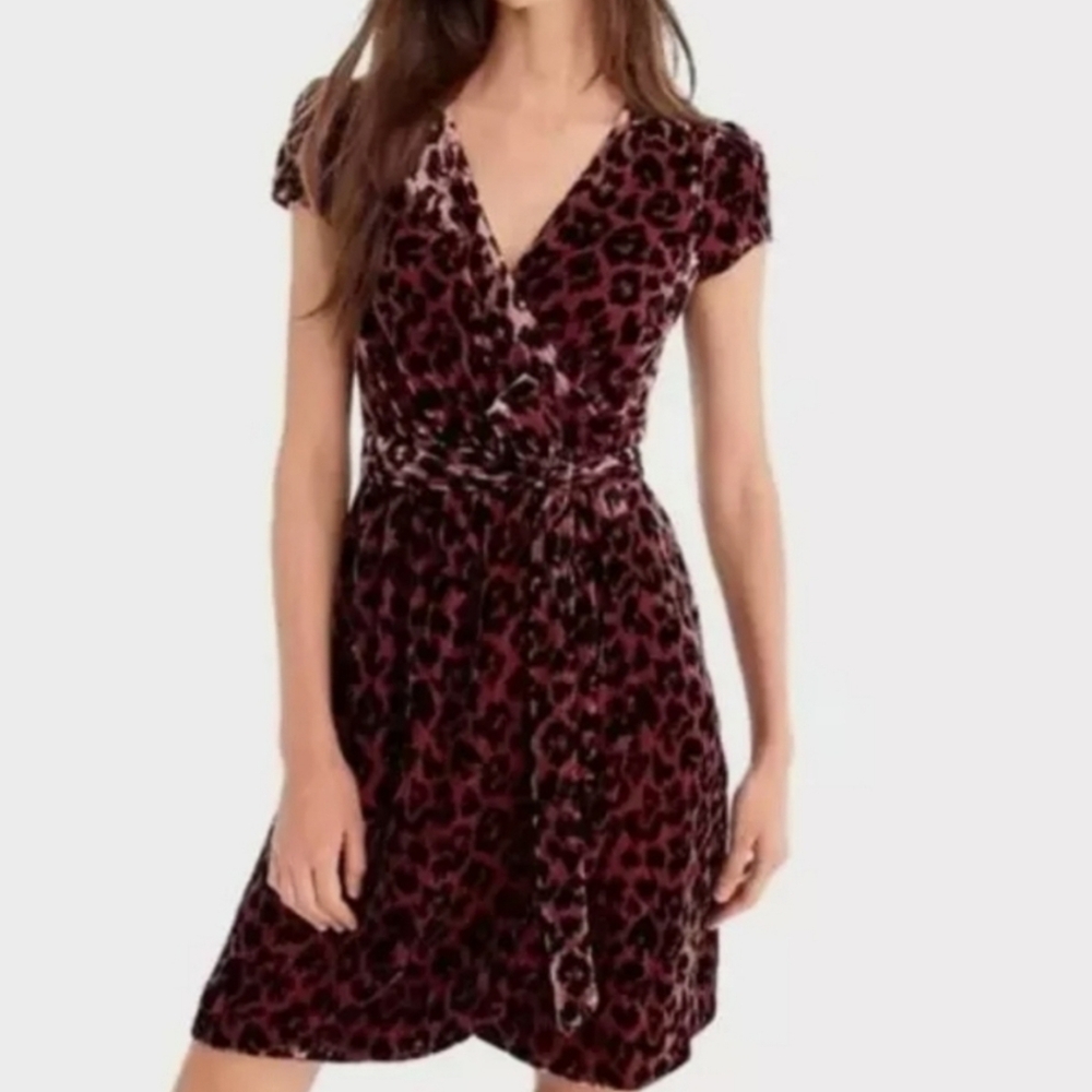 J Crew Faux Wrap Velvet Rose Leopard Print Dress Size 8